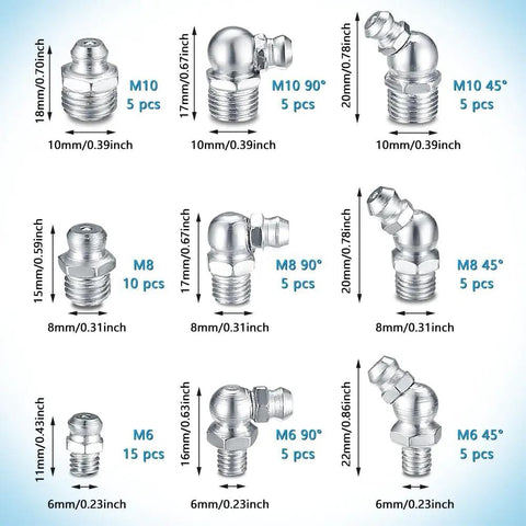 Pro Grade Heavy Duty Grease Fittings Kit With Straight And Angled Zerk Adapters, M6 M8 M10, 180 45 90 Degree, Galvanized Steel Hydraulic Zerk Set For Grease Guns And Mechanical Lubrication, diagram showing sizes and angles of fittings.