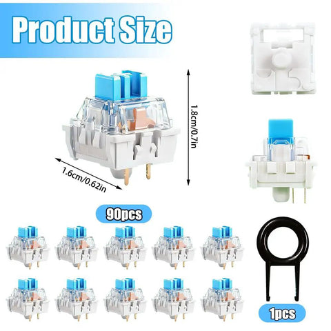 Blue 3 Pin Mechanical Keyboard Switches Kit With 90 Pcs And Switch Puller Dustproof And Waterproof Replacement Switches For DIY Keyboard Builds Clicky Feel Easy Install Great For Custom Keyboards. Product size 1.8x1.6cm switch and puller set.