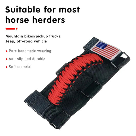 Two Pack Roll Bar Grab Handles For Jeep Wrangler Trail Ready Grip, black and red design, oxford cloth with metal buckle, anti-slip feature