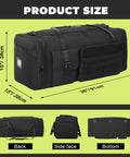 Beefy 130L Extra Large 36 Inch Heavy Duty Gym And Travel Duffel Bag with multiple pockets, shown in back, side, and bottom views