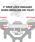 Ten Series 2x2 T-Slot Aluminum Extrusion For DIY Builders, 60 Inch Length, Clear Anodized Finish, 6063-T6 Strength, Eight Open Slots For Brackets, Plates And Accessories, Ideal For Linear Rails And Track Saw Guides. diagram showing 2° drop lock engaged in T-slot