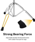 Ultimate Tall Snare Drum Stand With Stick Holder For Kids And Adults Adjustable Height From 26 To 40 Inches double-braced tripod base with rubber foot pads.