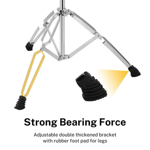 Ultimate Tall Snare Drum Stand With Stick Holder For Kids And Adults Adjustable Height From 26 To 40 Inches double-braced tripod base with rubber foot pads.