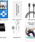 Image of a blue 16GB Portable MP3 Player With Video, Voice Recorder, FM Radio, Ebook Reader, includes accessories like earphones, USB cable, and manual.