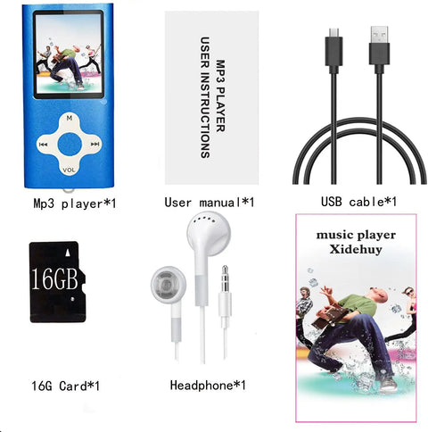 Image of a blue 16GB Portable MP3 Player With Video, Voice Recorder, FM Radio, Ebook Reader, includes accessories like earphones, USB cable, and manual.