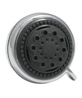 Hand Held Shower Head And Hose Combo Chrome Finish With 3 Adjustable Spray Modes, close-up of spray face and nozzles.
