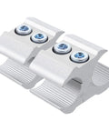 Two Pack Lightweight Aluminum Alloy Wheelchair Pipe Clamps, silver with blue screws, precise fit tube clamps, multipurpose mobility accessory