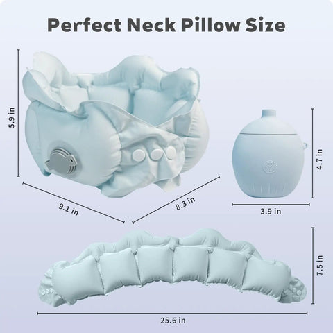 Inflatable Travel Pillow Portable Quick Inflate Neck Pillow dimensions and compact size illustration for easy packing.