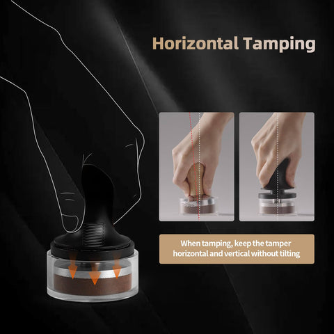 Dual Spring 58mm Espresso Tamper With Auto Rebound And Auto Leveling demonstration of horizontal tamping technique.