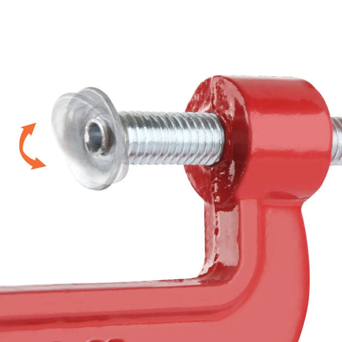 Close-up of red C clamp screw part from 16 Pack 2 Inch C Clamps Set Beefy Heavy Duty Quick Grip Clamps With Throat Depth 1 3 16 Inch And 2 Inch Jaw Opening For Woodworking Welding Building Repair Projects.