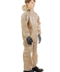 Side view of person wearing Disposable Protective Coverall With Hood And Elastic Cuffs Zipper Front Level C Safety Suit YL Size For Heights 4 Feet 2 Inches To 5 Feet 0 Inches Made In USA No Fuss Easy On Off Great For Worksite Hazmat Prep.