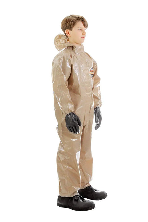 Side view of person wearing Disposable Protective Coverall With Hood And Elastic Cuffs Zipper Front Level C Safety Suit YL Size For Heights 4 Feet 2 Inches To 5 Feet 0 Inches Made In USA No Fuss Easy On Off Great For Worksite Hazmat Prep.