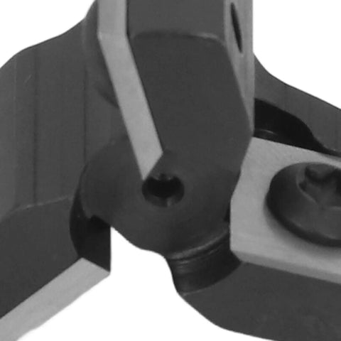 Close-up of Premium 1/4 Inch Shank Router Bit With Anti Backlash Design and Three Carbide Inserts for CNC Woodworking.