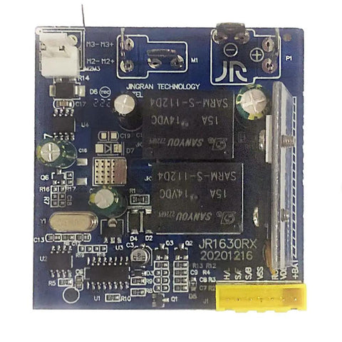 Close-up of circuit board from 2.4G Bluetooth Control Box Receiver Kit for 12V Ride On Upgrades, showing electronic components.