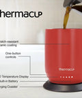 Grab This Solid Self Heating Coffee Mug To Keep Your Morning Sips Piping Hot With Smart Temperature Controls And A Ridiculously Long Battery Built From Premium Stainless Steel For Office Or Travel Cherry Red with LED display and charging coaster.