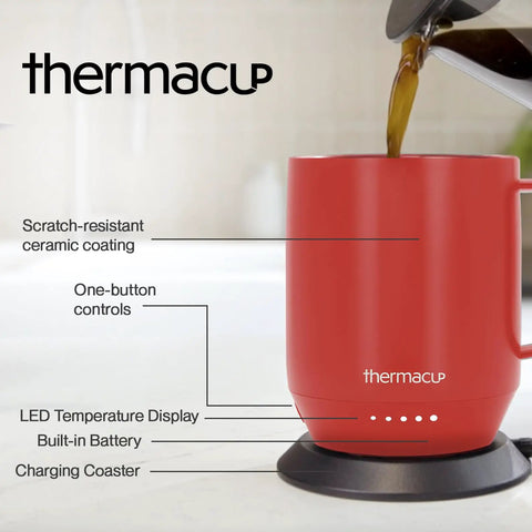 Grab This Solid Self Heating Coffee Mug To Keep Your Morning Sips Piping Hot With Smart Temperature Controls And A Ridiculously Long Battery Built From Premium Stainless Steel For Office Or Travel Cherry Red with LED display and charging coaster.