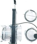 Top view of clear 3 inch waste valve sewer gate with two caps for RV camper trailer, showing durable build and easy visual inspection