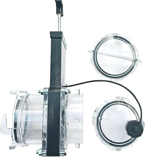 Top view of clear 3 inch waste valve sewer gate with two caps for RV camper trailer, showing durable build and easy visual inspection