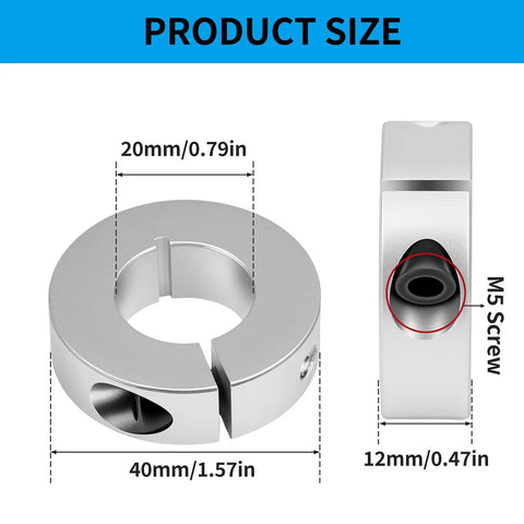 4 Piece Aluminum Split Shaft Collar Set With 20mm Bore, 40mm Outer Diameter, 12mm Thickness, M5 Set Screws, diagram view
