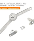 Soft Close Lift Up Wardrobe Hinge Set With Stay Buffer Damper shown in nickel plated finish with components for easy assembly