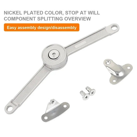 Soft Close Lift Up Wardrobe Hinge Set With Stay Buffer Damper shown in nickel plated finish with components for easy assembly