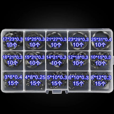 3-25mm Wave Spring Washers Kit With 65Mn Manganese Steel Gaskets, Elastic Washers, And Tri Washer Bearing Wave Pads In A Clear Storage Case. Size-labeled compartments