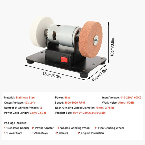 Mini Bench Grinder 96W, 7 Speed Adjustable Electric Tool With 3000 To 6000 Rpm Range, compact design with grinding wheels