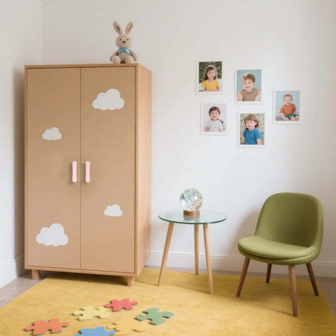 Cozy kids' room featuring a tan cabinet with cloud decals, green chair, and colorful puzzle pieces on yellow rug.