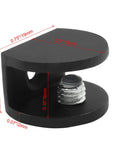 Rock Solid Black Glass Shelf Brackets 8 Pack With Mounting Screws Heavy Duty wall clamp showing dimensions for glass or wood use.