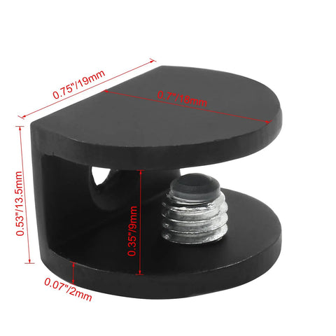 Rock Solid Black Glass Shelf Brackets 8 Pack With Mounting Screws Heavy Duty wall clamp showing dimensions for glass or wood use.