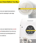 Universal Portable AC Exhaust Hose 5.9 Inch Anti Clockwise Thread With Built In Steel Ring Replacement Vent Hose Up To 59 Inches For Most Portable AC Units Does Not Include Coupler No Sweat Install, showing size measurement and fitment instructions against an air conditioning unit.