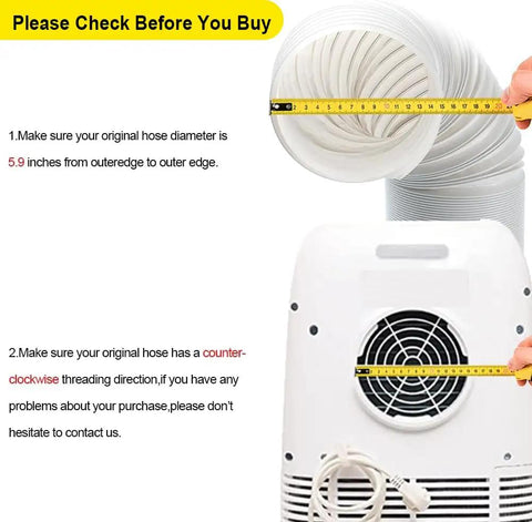 Universal Portable AC Exhaust Hose 5.9 Inch Anti Clockwise Thread With Built In Steel Ring Replacement Vent Hose Up To 59 Inches For Most Portable AC Units Does Not Include Coupler No Sweat Install, showing size measurement and fitment instructions against an air conditioning unit.