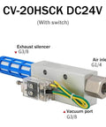 CV-20HSCK DC24V pneumatic vacuum generator with exhaust silencer, air inlet, and vacuum port