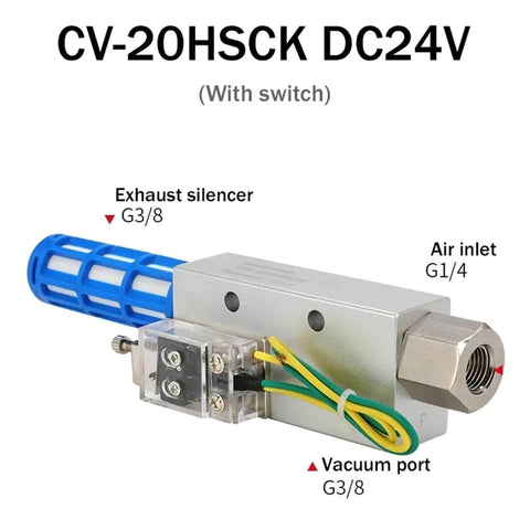 CV-20HSCK DC24V pneumatic vacuum generator with exhaust silencer, air inlet, and vacuum port