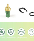 Front view of YYTQP engine coolant temperature sensor with green plastic body and brass top, plus mounting clip and O-ring.