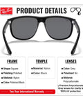 RB4147 Square Sunglasses For Men With Non Polarized Gray Lenses Modern Edge Frame, detailed product specifications