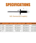 Diagram showing specifications for large flange aluminum blind rivets with detailed dimensions and grip range chart.