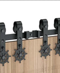 Helmsman 8 Ft Heavy Duty Wood Sliding Barn Door Hardware Kit, carbon steel, wall-mounted flat track with wheel hanger kit for double doors.