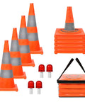 28 Inch Collapsible LED Traffic Cones Four Pack Pop Up Reflective Safety Cones for Roadside Parking Lot Construction and Events Ultra Easy to Fold Store and Deploy in Bright Orange stacked and deployed with LEDs and carrying case.