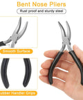 Bent nose pliers with smooth surface and rubber handle, part of Jump Ring Jewelry Making Kit With 1200 Silver And Gold Rings Pliers Tweezers Opener And Brass Ring Tools For Necklace Repairs And DIY Jewelry Projects.