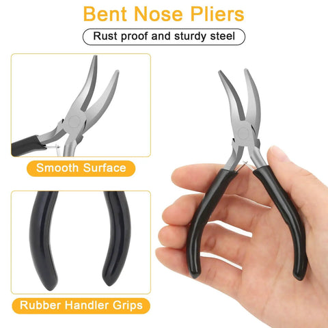 Bent nose pliers with smooth surface and rubber handle, part of Jump Ring Jewelry Making Kit With 1200 Silver And Gold Rings Pliers Tweezers Opener And Brass Ring Tools For Necklace Repairs And DIY Jewelry Projects.