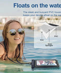Rugged Waterproof Phone Pouch With Clear Touchscreen Window And Trustworthy Floatation Universal Fit For Phones Up To Six Point Eight Inches floating on water with a user enjoying in a pool.