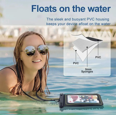 Rugged Waterproof Phone Pouch With Clear Touchscreen Window And Trustworthy Floatation Universal Fit For Phones Up To Six Point Eight Inches floating on water with a user enjoying in a pool.