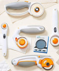 Variety of rotary cutters displayed with 45mm Rotary Cutter Blades Pack Of 10 For DIY Quilting Sewing And Crafts Fits Fiskars Olfa Martelli Dremel Truecut And DAFA Rotary Cutters Sharp Durable Pro Grade Replacement Blades For Multi Layer Fabric Cardboard Vinyl Leather.