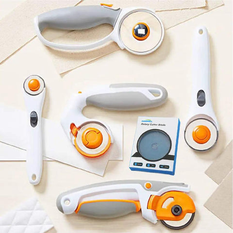 Variety of rotary cutters displayed with 45mm Rotary Cutter Blades Pack Of 10 For DIY Quilting Sewing And Crafts Fits Fiskars Olfa Martelli Dremel Truecut And DAFA Rotary Cutters Sharp Durable Pro Grade Replacement Blades For Multi Layer Fabric Cardboard Vinyl Leather.