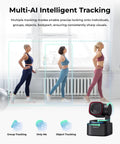 Ultra Compact 4K AI Webcam Featuring Buttery Smooth Auto Tracking And Triple Mic Array showcasing multi-AI tracking with two women in sportswear.