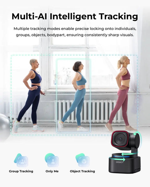Ultra Compact 4K AI Webcam Featuring Buttery Smooth Auto Tracking And Triple Mic Array showcasing multi-AI tracking with two women in sportswear.