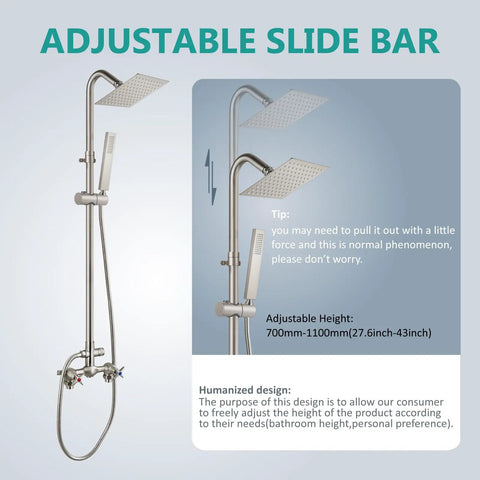 Wall Mount Outdoor Shower Kit With Handheld Sprayer, adjustable brushed nickel slide bar shown with dual handle fixtures