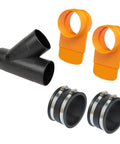 PowerTec 70519 Set Of Five 4 Inch Integrated Blast Gates With Flex Cuffs And Y Fitting For Dust Collection Systems featuring black Y fitting and orange cuffs.