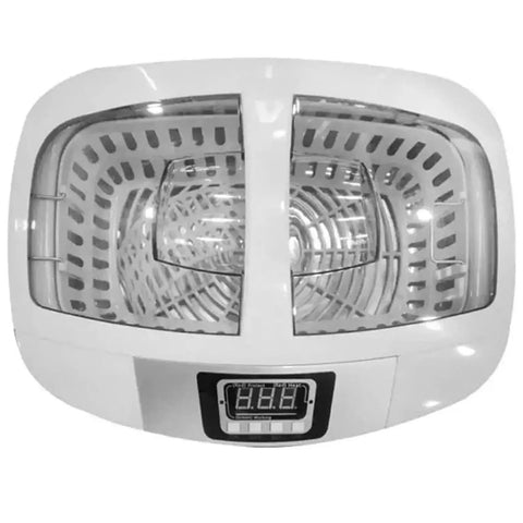 2.5L Digital Ultrasonic Cleaner With Fast Heating Tank And Secure Baskets, showing inner trays for jewelry and glasses.